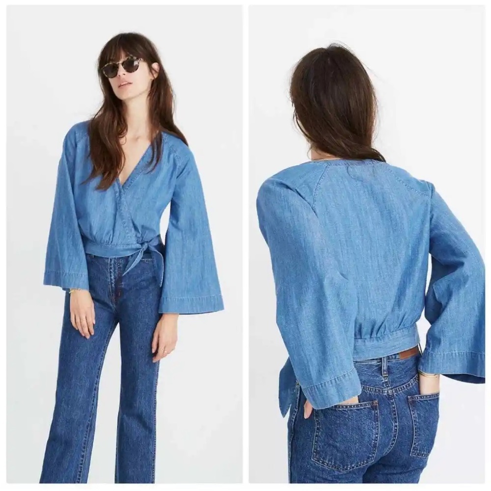 Madewell chambray denim wrap crop top bell sleeve size XXL